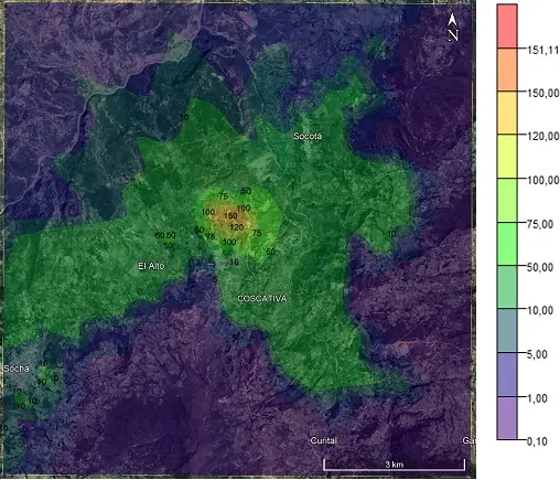 Mapa de isolíneas de concentración modelado con AERMOD sobre Socotá y Cosgativa, Boyacá